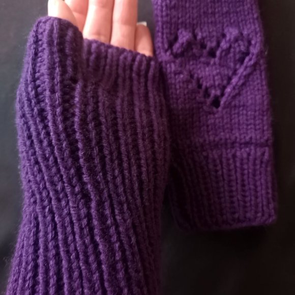 Purple Handmade Valentines Ajour Knit Fingerless Texting Gloves Mittens - Picture 6 of 7
